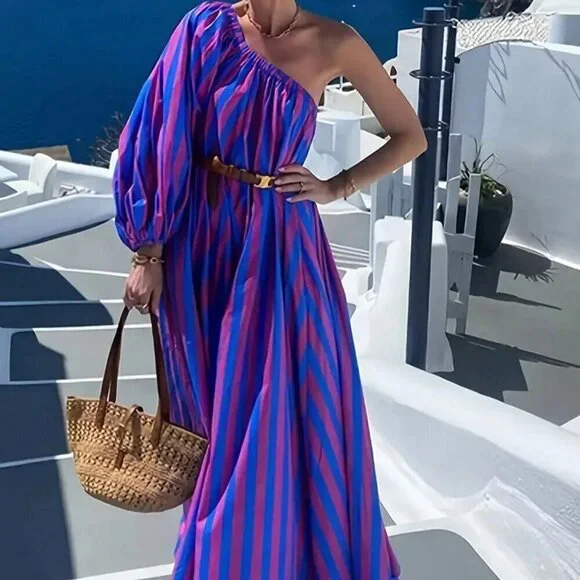 Women's Striped Print Sexy One Shoulder Vacation Style Maxi Dress - Picture 3 of 4